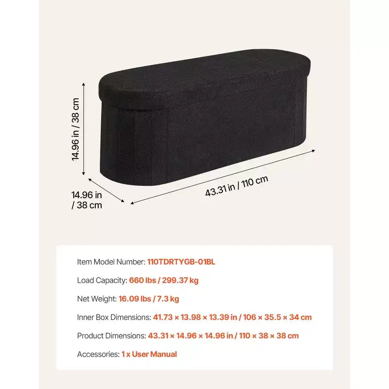 Banc de rangement ovale VEVOR, banc pliant en polaire Teddy pour le bout du lit, coffre de rangement pliant rembourré avec grand espace de rangement, 300 kg, noir