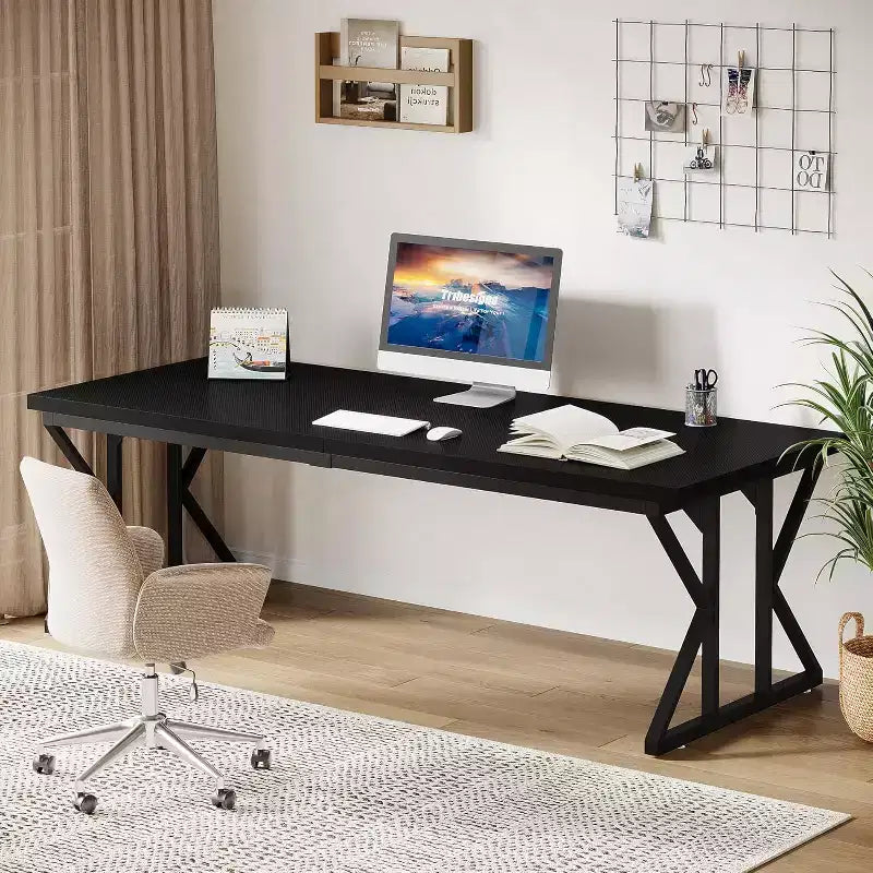 Grand bureau de direction Lantine de 78,74 pouces, bureau d'ordinateur industriel pour la maison, longue table d'étude simple, mobilier de bureau (noir)
