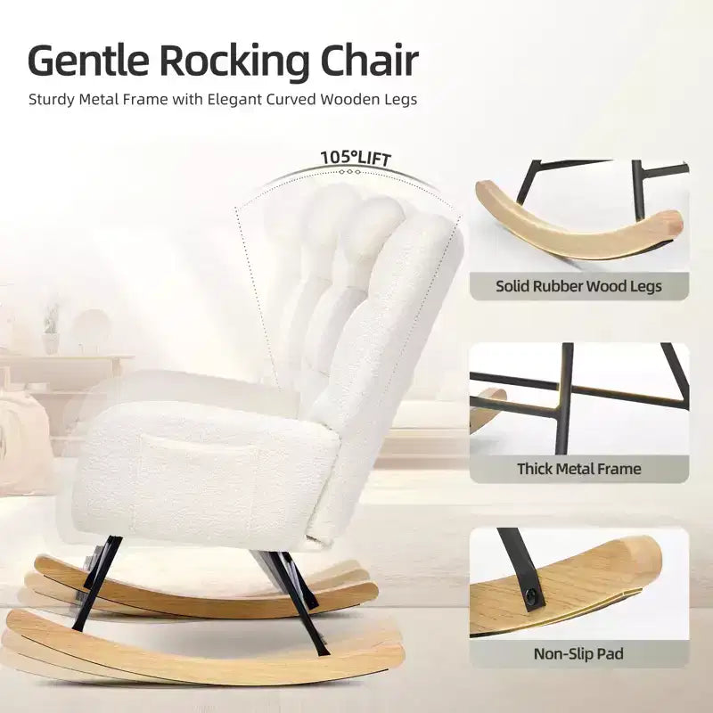 Fauteuil à bascule pour chambre d'enfant, fauteuil à bascule planeur en tissu teddy avec dossier haut, fauteuil de lecture pour chambre à coucher, salon, sans pouf.