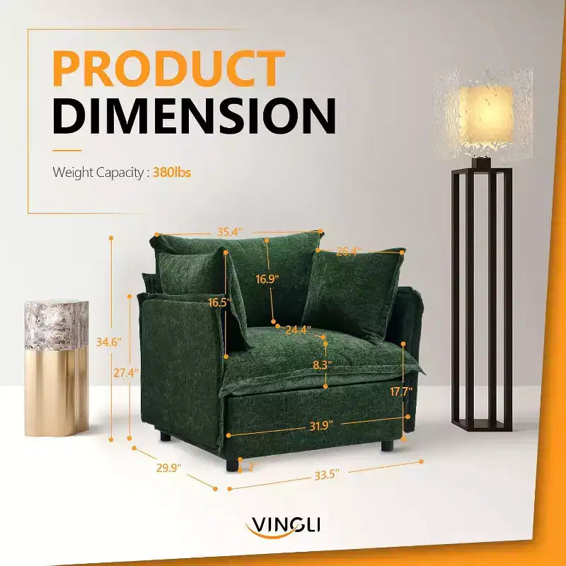 VINGLI Fauteuils d'appoint, Vert 34 Largeur Fauteuil de Lecture Surdimensionné Fauteuil Rembourré Tissu Chenille Doux Chaises de Salon Canapé