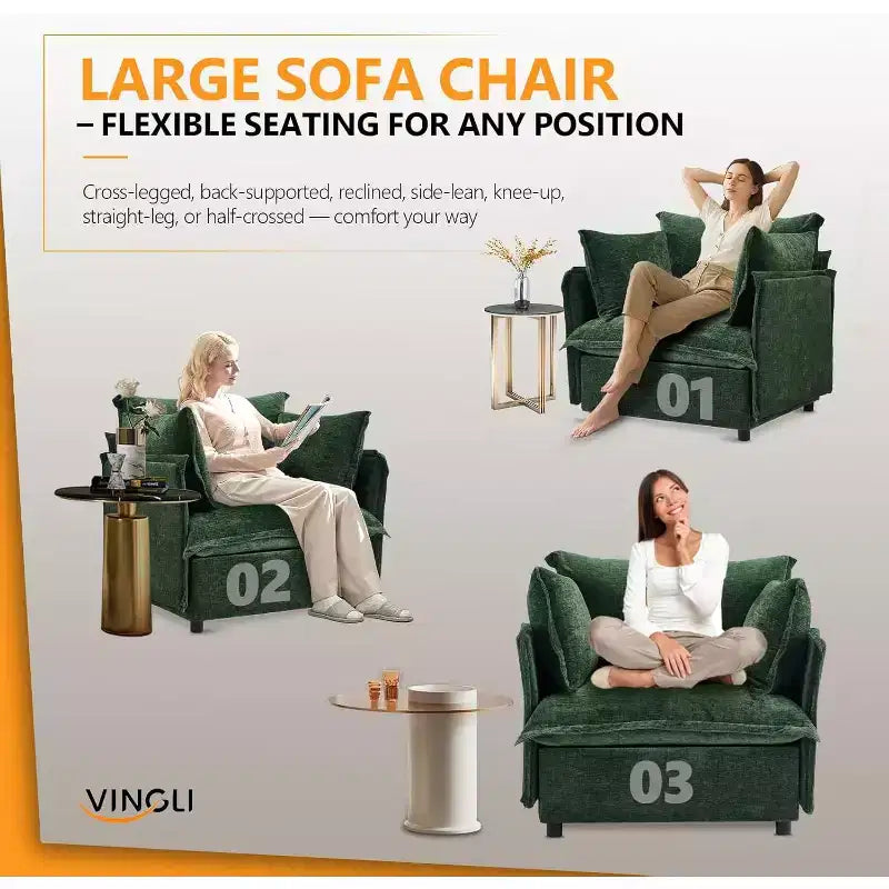 VINGLI Fauteuils d'appoint, Vert 34 Largeur Fauteuil de Lecture Surdimensionné Fauteuil Rembourré Tissu Chenille Doux Chaises de Salon Canapé
