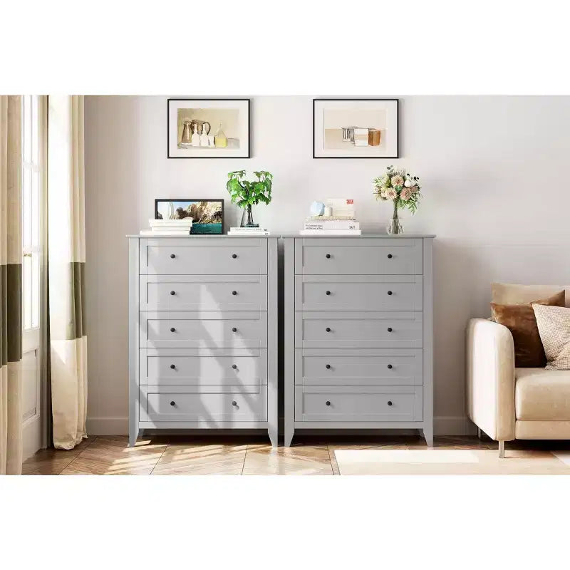 Commode 5 tiroirs pour chambre à coucher - Commode haute et moderne en bois avec tiroirs profonds et poignées en métal pour entrée ou couloir