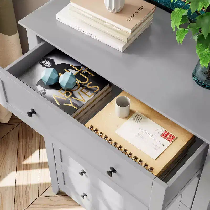 Commode 5 tiroirs pour chambre à coucher - Commode haute et moderne en bois avec tiroirs profonds et poignées en métal pour entrée ou couloir