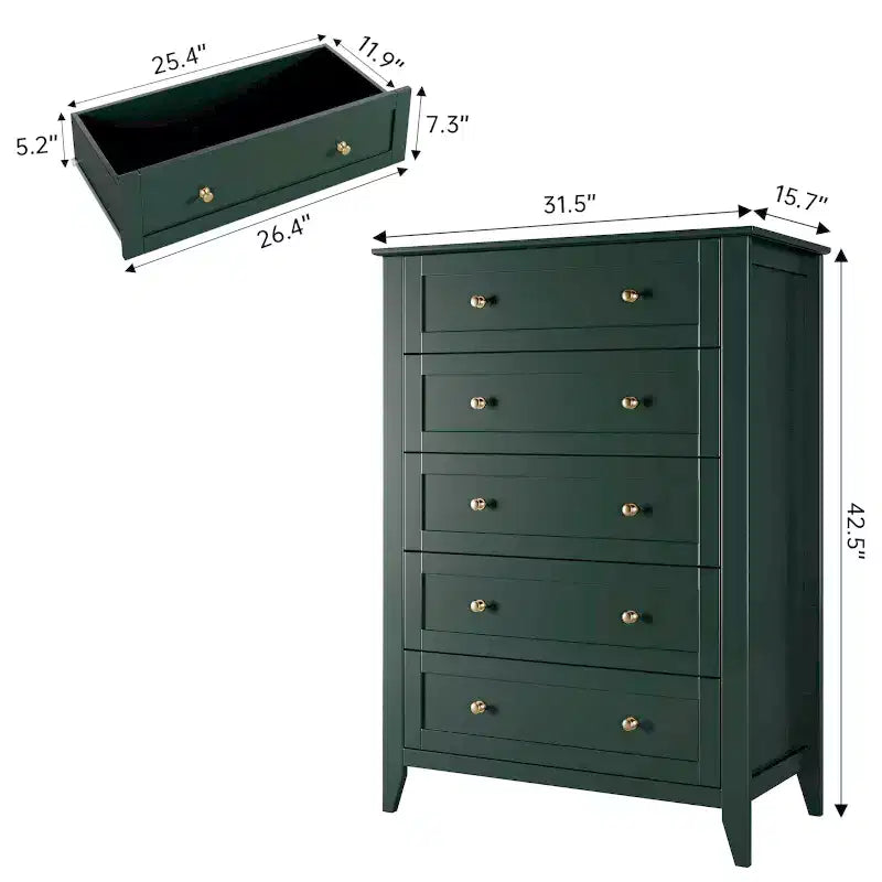 Commode 5 tiroirs pour chambre à coucher - Commode haute et moderne en bois avec tiroirs profonds et poignées en métal pour entrée ou couloir