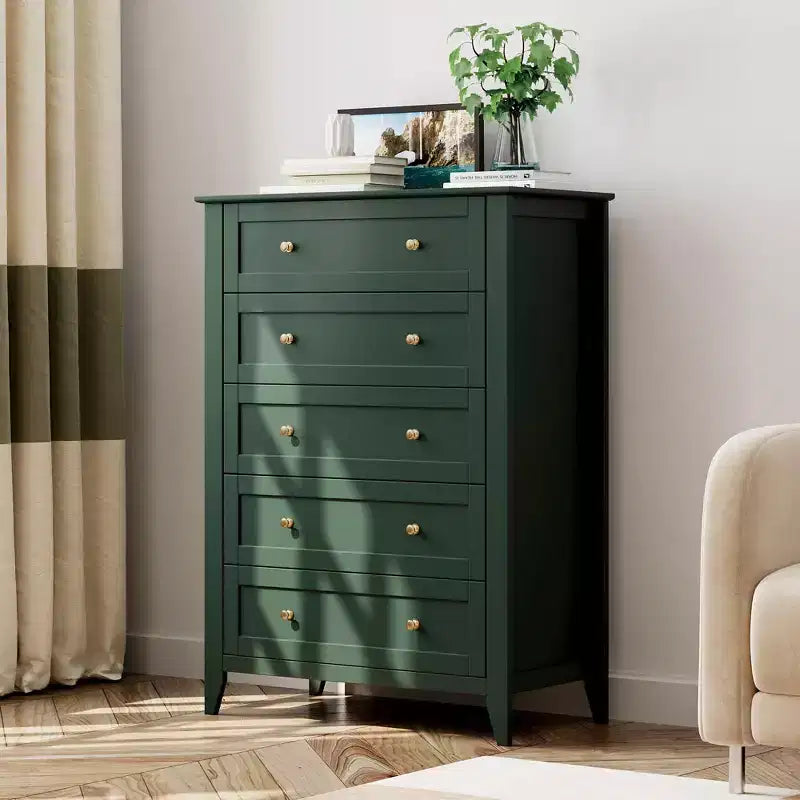 Commode 5 tiroirs pour chambre à coucher - Commode haute et moderne en bois avec tiroirs profonds et poignées en métal pour entrée ou couloir