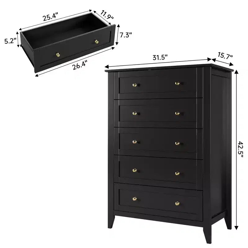 Commode 5 tiroirs pour chambre à coucher - Commode haute et moderne en bois avec tiroirs profonds et poignées en métal pour entrée ou couloir