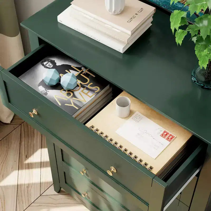 Commode 5 tiroirs pour chambre à coucher - Commode haute et moderne en bois avec tiroirs profonds et poignées en métal pour entrée ou couloir