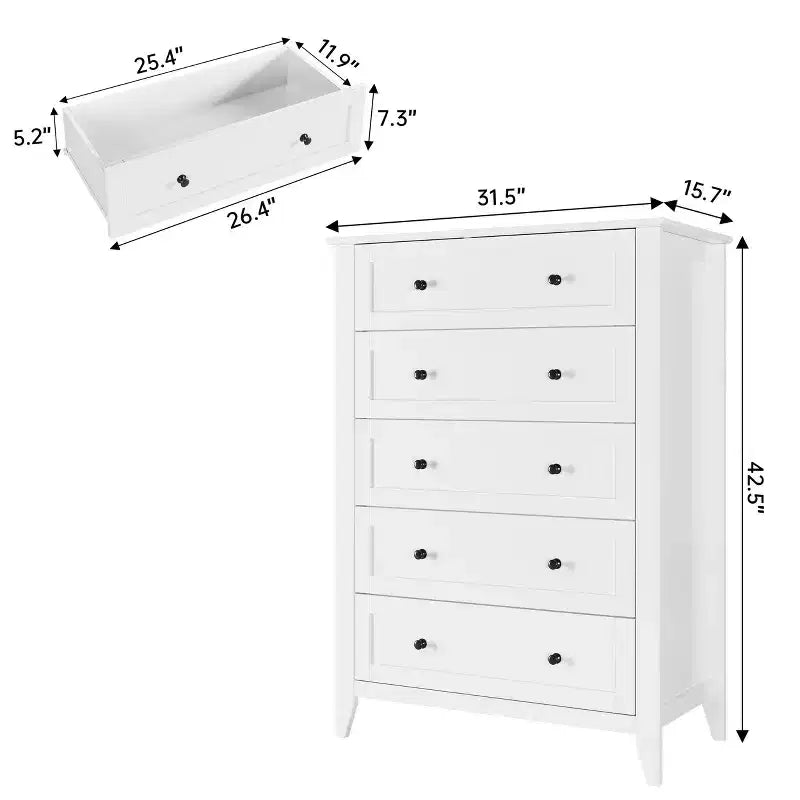 Commode 5 tiroirs pour chambre à coucher - Commode haute et moderne en bois avec tiroirs profonds et poignées en métal pour entrée ou couloir