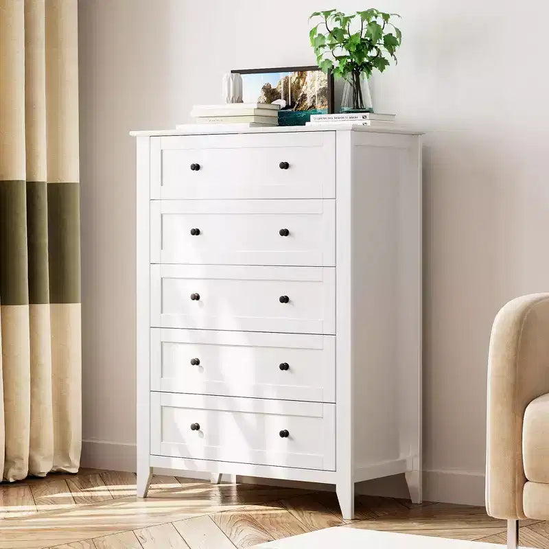 Commode 5 tiroirs pour chambre à coucher - Commode haute et moderne en bois avec tiroirs profonds et poignées en métal pour entrée ou couloir