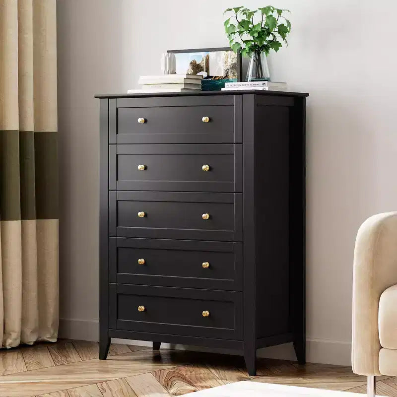 Commode 5 tiroirs pour chambre à coucher - Commode haute et moderne en bois avec tiroirs profonds et poignées en métal pour entrée ou couloir