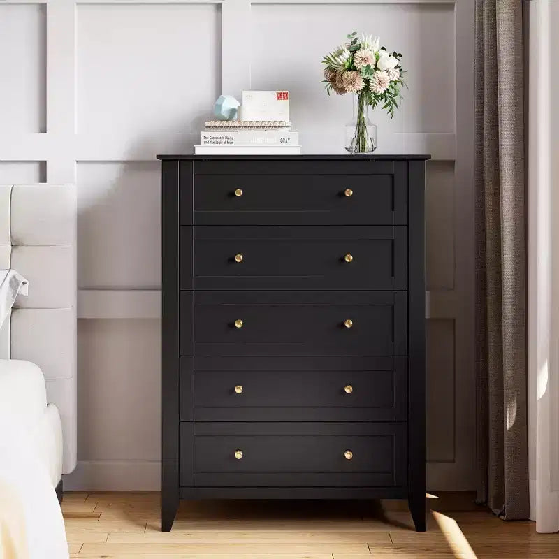 Commode 5 tiroirs pour chambre à coucher - Commode haute et moderne en bois avec tiroirs profonds et poignées en métal pour entrée ou couloir