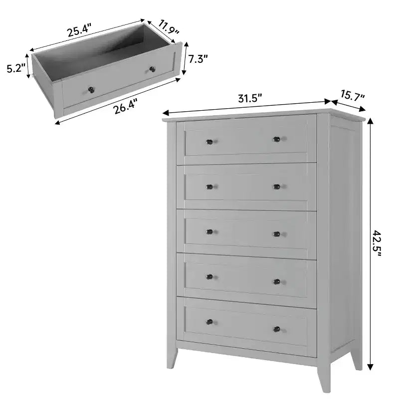 Commode 5 tiroirs pour chambre à coucher - Commode haute et moderne en bois avec tiroirs profonds et poignées en métal pour entrée ou couloir