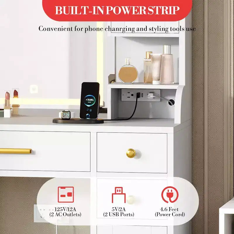 Coiffeuse avec miroir LED et lumières, table de maquillage avec 2 armoires RVB, prises et 6 tiroirs pour chambre et salon, blanc