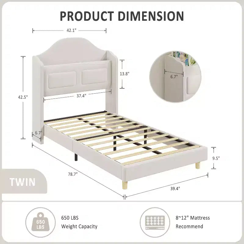 Cadre de lit double pour enfants avec revêtement en velours, tête de lit à oreilles, lumières LED et bibliothèque de rangement, lit double style princesse, aucun sommier tapissier requis