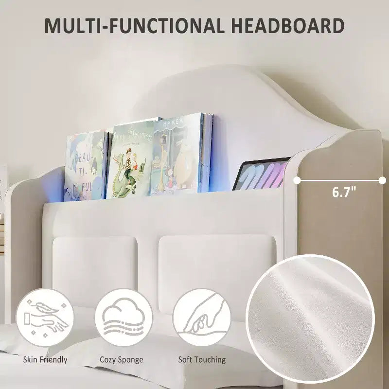 Cadre de lit double pour enfants avec revêtement en velours, tête de lit à oreilles, lumières LED et bibliothèque de rangement, lit double style princesse, aucun sommier tapissier requis