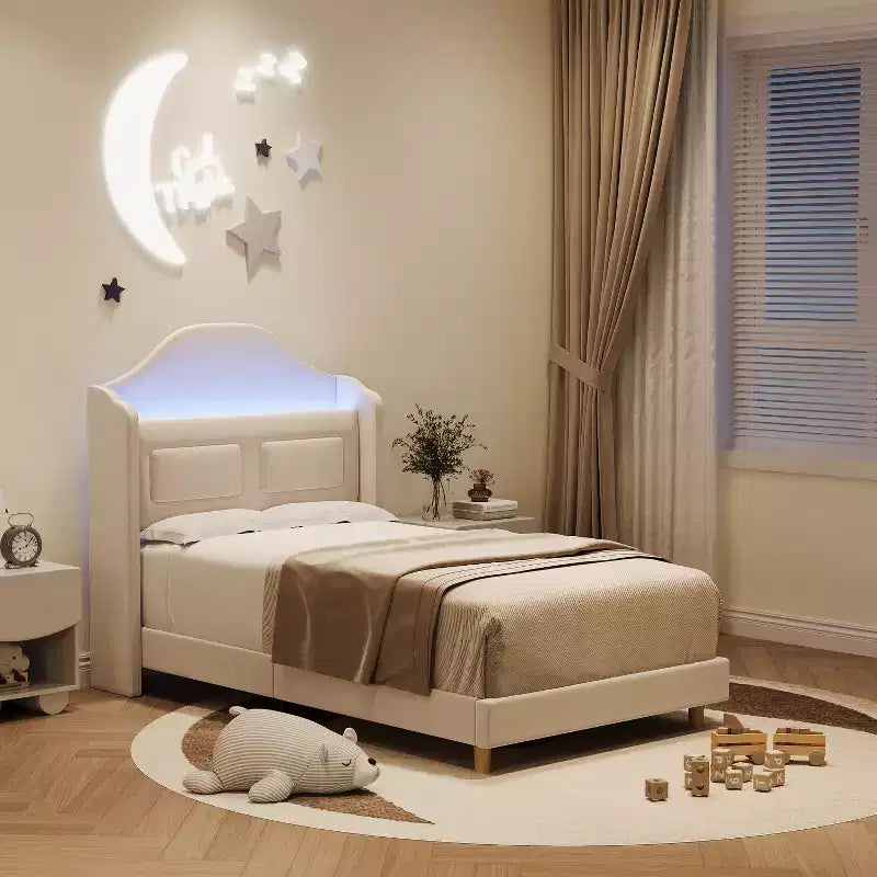 Cadre de lit double pour enfants avec revêtement en velours, tête de lit à oreilles, lumières LED et bibliothèque de rangement, lit double style princesse, aucun sommier tapissier requis