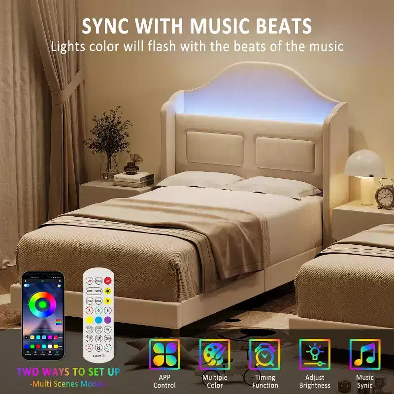 Cadre de lit double pour enfants avec revêtement en velours, tête de lit à oreilles, lumières LED et bibliothèque de rangement, lit double style princesse, aucun sommier tapissier requis