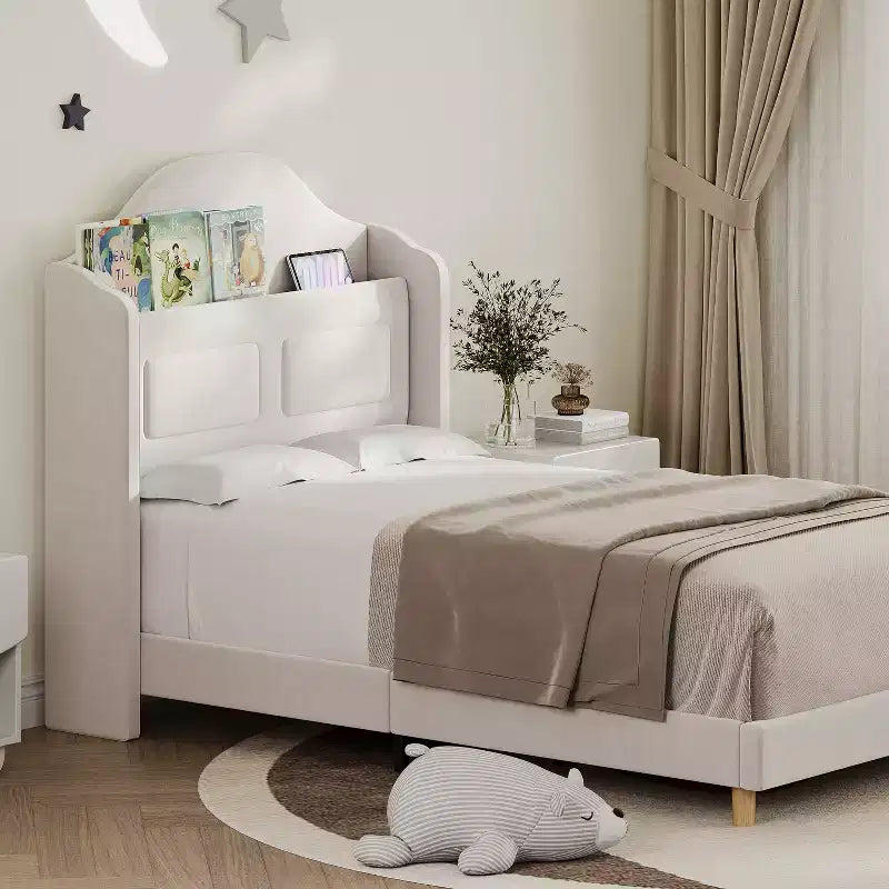 Cadre de lit double pour enfants avec revêtement en velours, tête de lit à oreilles, lumières LED et bibliothèque de rangement, lit double style princesse, aucun sommier tapissier requis