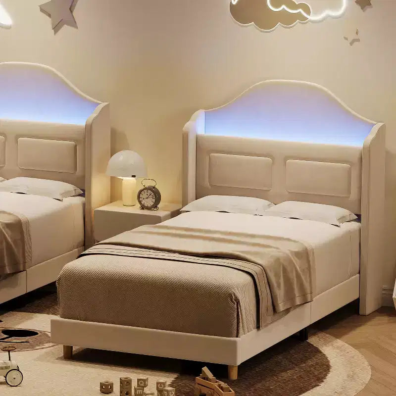 Cadre de lit double pour enfants avec revêtement en velours, tête de lit à oreilles, lumières LED et bibliothèque de rangement, lit double style princesse, aucun sommier tapissier requis