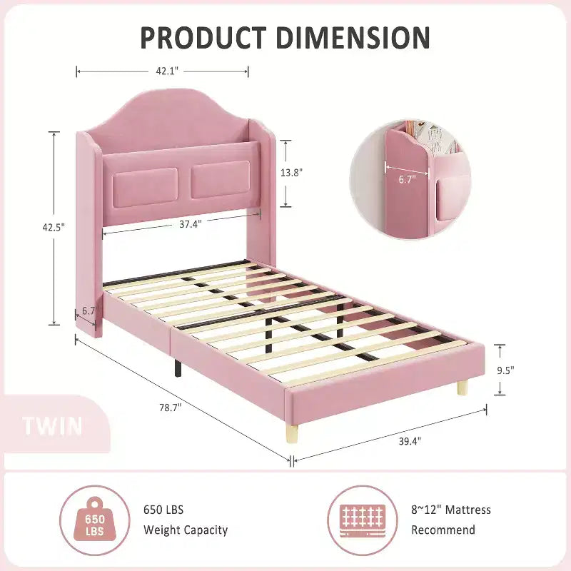 Cadre de lit double pour enfants avec revêtement en velours, tête de lit à oreilles, lumières LED et bibliothèque de rangement, lit double style princesse, aucun sommier tapissier requis