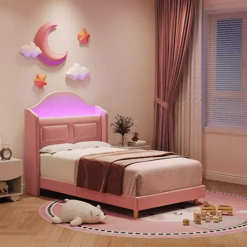 Cadre de lit double pour enfants avec revêtement en velours, tête de lit à oreilles, lumières LED et bibliothèque de rangement, lit double style princesse, aucun sommier tapissier requis