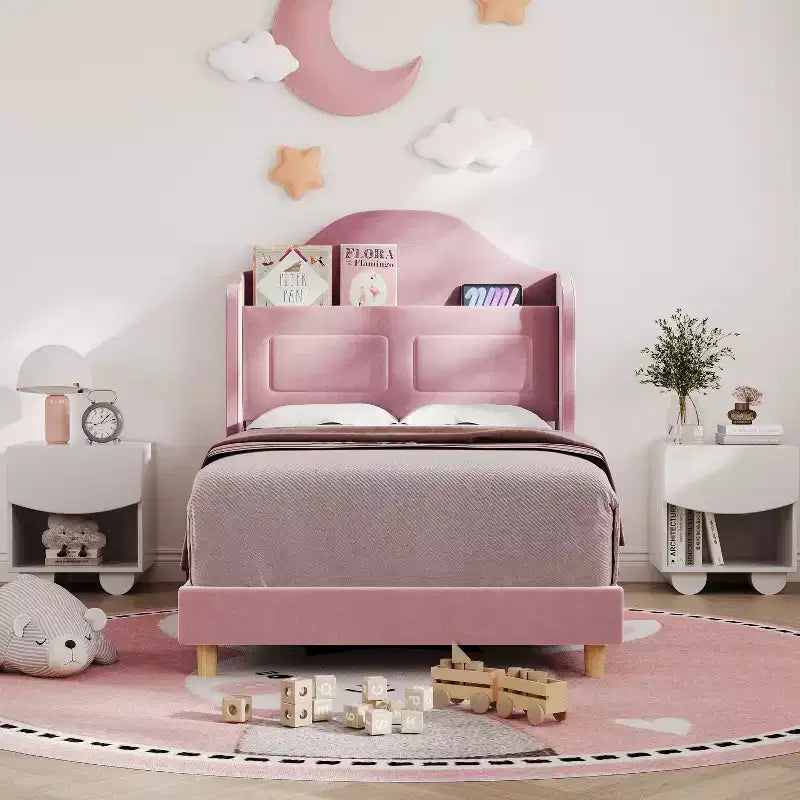 Cadre de lit double pour enfants avec revêtement en velours, tête de lit à oreilles, lumières LED et bibliothèque de rangement, lit double style princesse, aucun sommier tapissier requis
