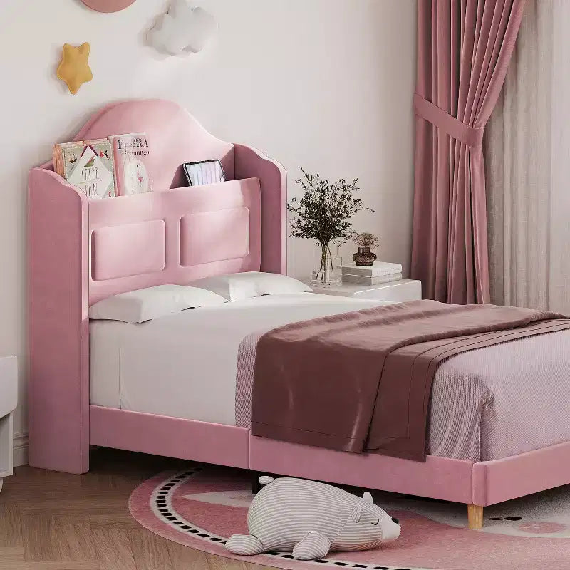 Cadre de lit double pour enfants avec revêtement en velours, tête de lit à oreilles, lumières LED et bibliothèque de rangement, lit double style princesse, aucun sommier tapissier requis