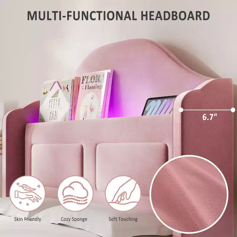 Cadre de lit double pour enfants avec revêtement en velours, tête de lit à oreilles, lumières LED et bibliothèque de rangement, lit double style princesse, aucun sommier tapissier requis
