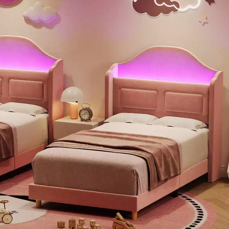 Cadre de lit double pour enfants avec revêtement en velours, tête de lit à oreilles, lumières LED et bibliothèque de rangement, lit double style princesse, aucun sommier tapissier requis