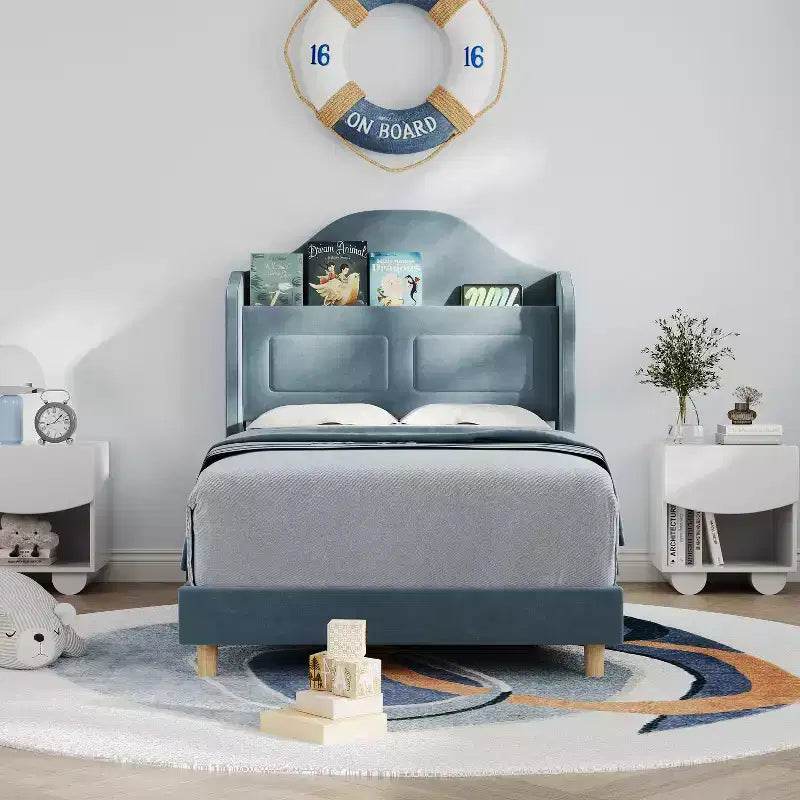 Cadre de lit double pour enfants avec revêtement en velours, tête de lit à oreilles, lumières LED et bibliothèque de rangement, lit double style princesse, aucun sommier tapissier requis