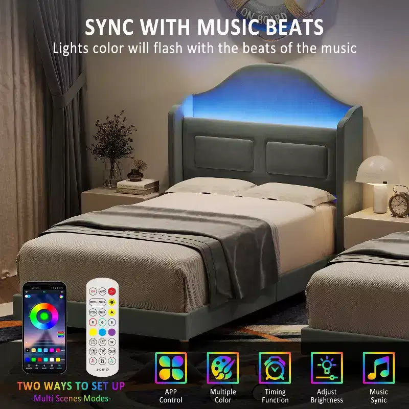 Cadre de lit double pour enfants avec revêtement en velours, tête de lit à oreilles, lumières LED et bibliothèque de rangement, lit double style princesse, aucun sommier tapissier requis