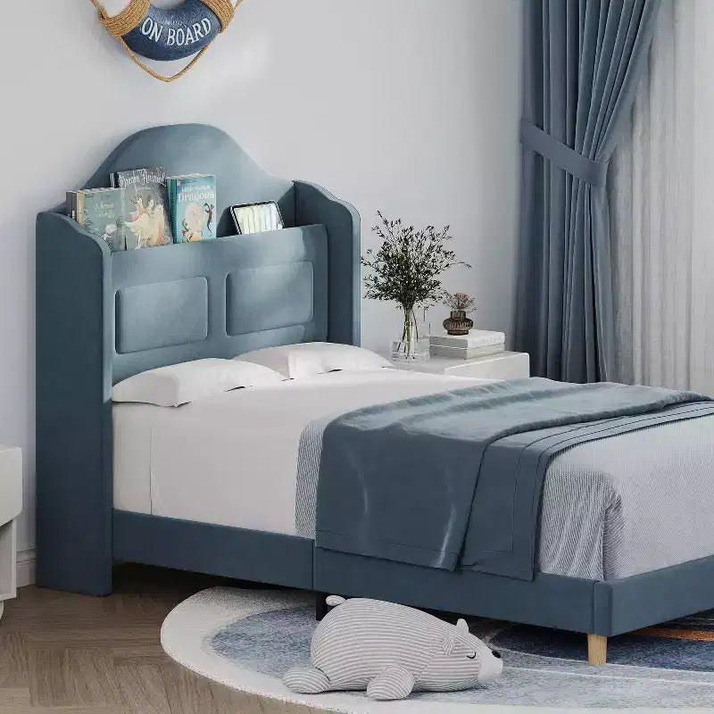 Cadre de lit double pour enfants avec revêtement en velours, tête de lit à oreilles, lumières LED et bibliothèque de rangement, lit double style princesse, aucun sommier tapissier requis