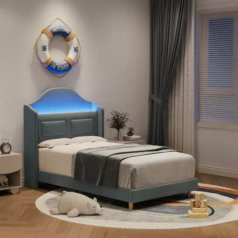 Cadre de lit double pour enfants avec revêtement en velours, tête de lit à oreilles, lumières LED et bibliothèque de rangement, lit double style princesse, aucun sommier tapissier requis