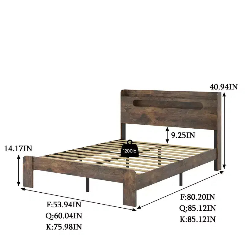 Lit plateforme double/grand lit/très grand lit avec tête de lit lumineuse à LED et 2 ports USB, lit plateforme en bois avec rangement