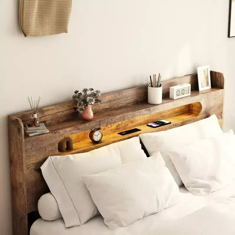 Lit plateforme double/grand lit/très grand lit avec tête de lit lumineuse à LED et 2 ports USB, lit plateforme en bois avec rangement