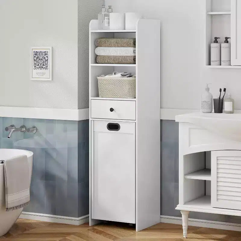 Meuble de rangement de salle de bain ELECWISH, Meuble de rangement autoportant avec panier à linge coulissant amovible, Armoire haute avec étagères et tiroir