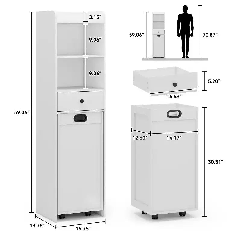 Meuble de rangement de salle de bain ELECWISH, Meuble de rangement autoportant avec panier à linge coulissant amovible, Armoire haute avec étagères et tiroir
