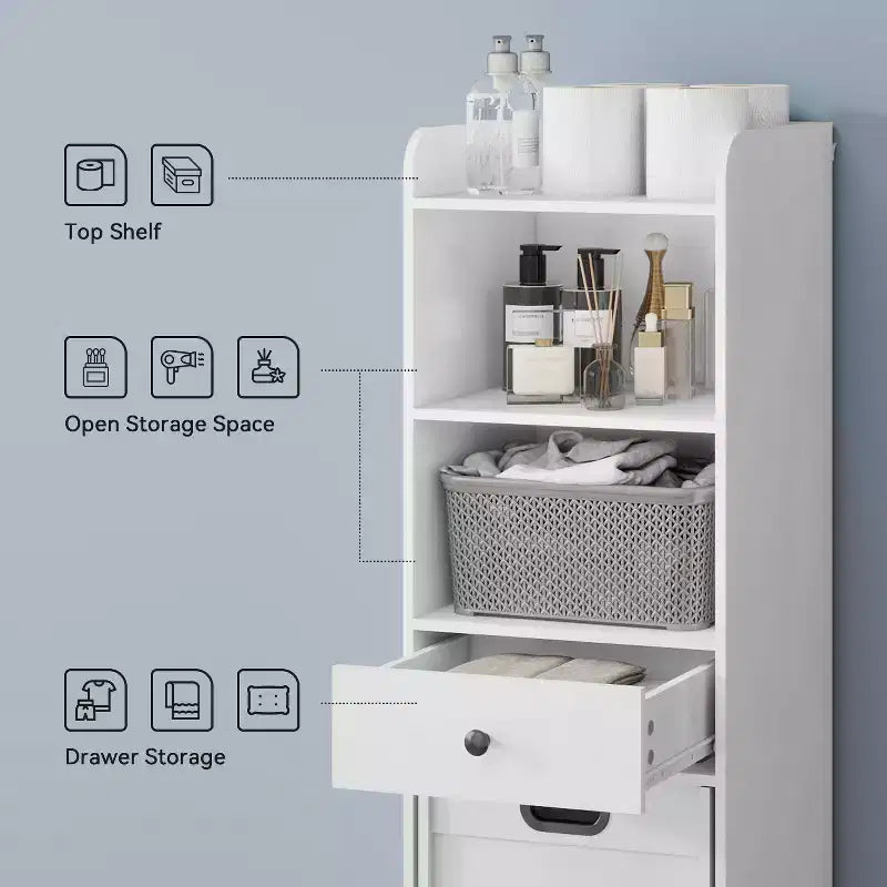 Meuble de rangement de salle de bain ELECWISH, Meuble de rangement autoportant avec panier à linge coulissant amovible, Armoire haute avec étagères et tiroir
