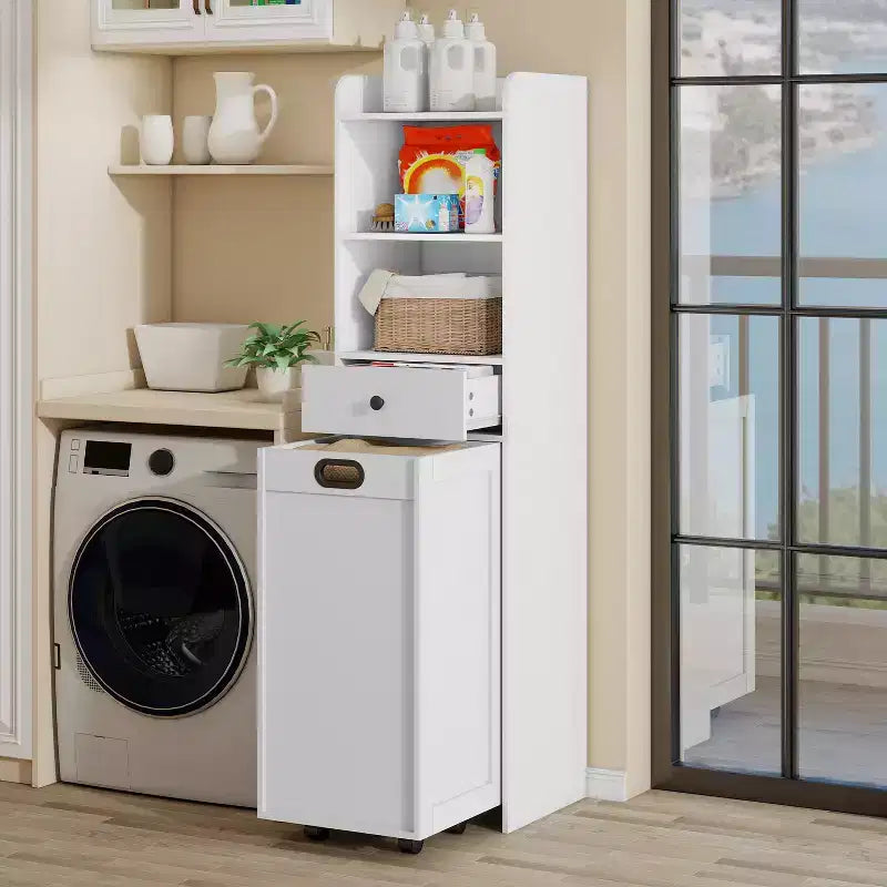 Meuble de rangement de salle de bain ELECWISH, Meuble de rangement autoportant avec panier à linge coulissant amovible, Armoire haute avec étagères et tiroir