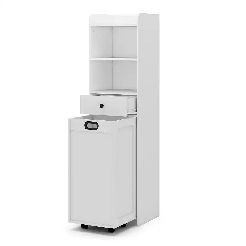 Meuble de rangement de salle de bain ELECWISH, Meuble de rangement autoportant avec panier à linge coulissant amovible, Armoire haute avec étagères et tiroir