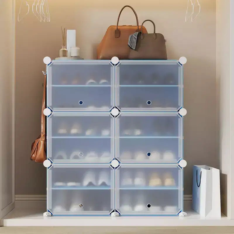 Meuble à chaussures modulaire à six compartiments avec portes - convient aux couloirs, chambres ou salons, peu encombrant et facile à assembler.