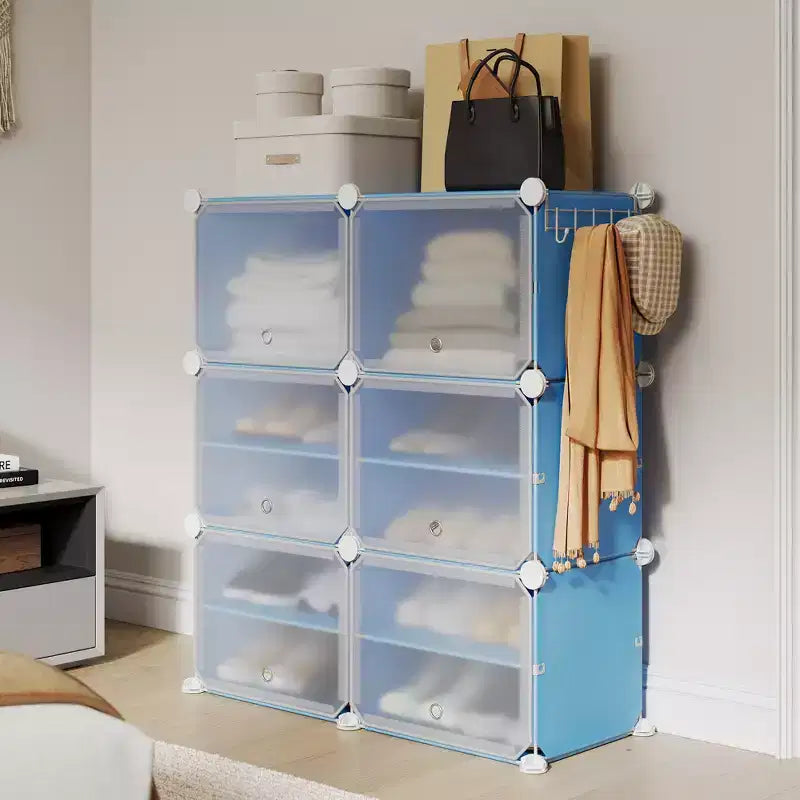 Meuble à chaussures modulaire à six compartiments avec portes - convient aux couloirs, chambres ou salons, peu encombrant et facile à assembler.