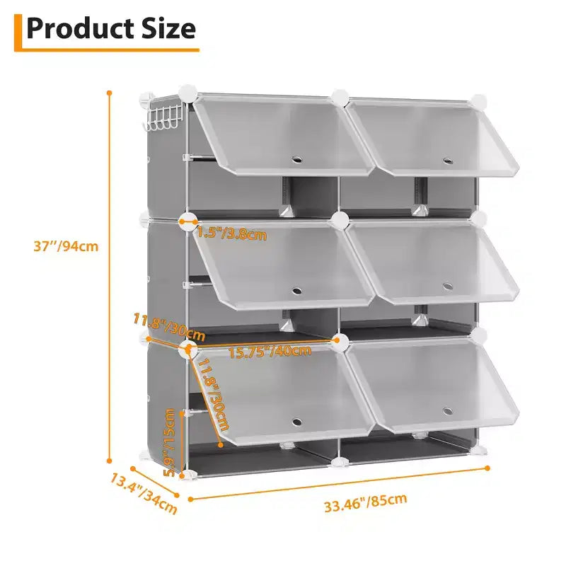Meuble à chaussures modulaire à six compartiments avec portes - convient aux couloirs, chambres ou salons, peu encombrant et facile à assembler.