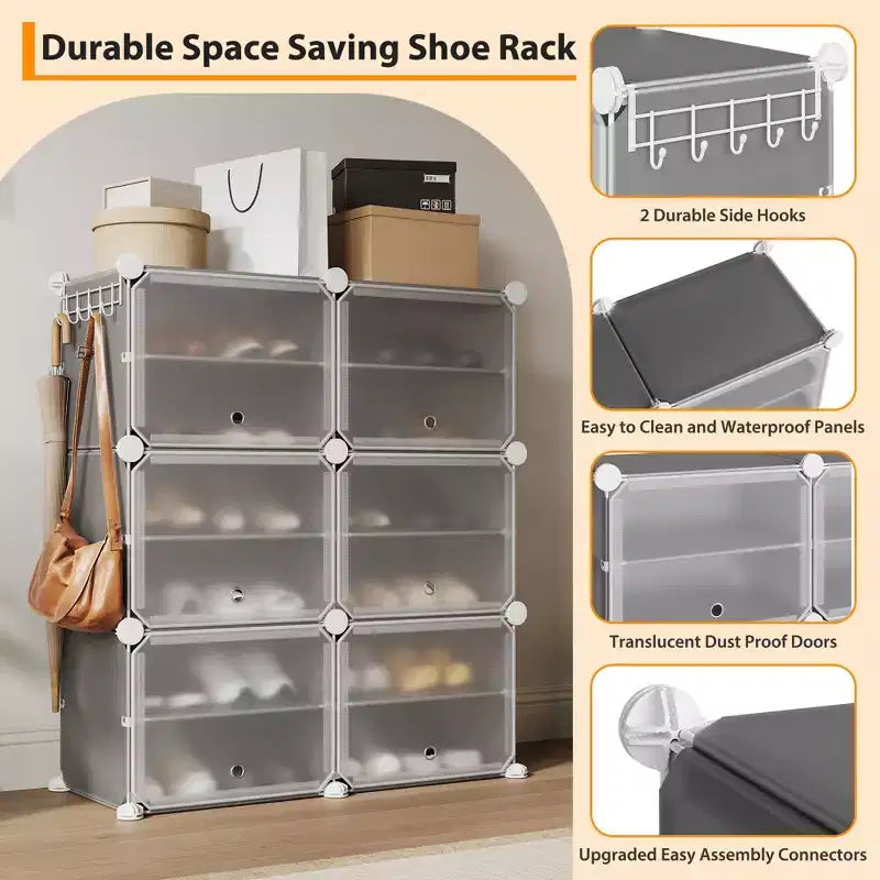 Meuble à chaussures modulaire à six compartiments avec portes - convient aux couloirs, chambres ou salons, peu encombrant et facile à assembler.