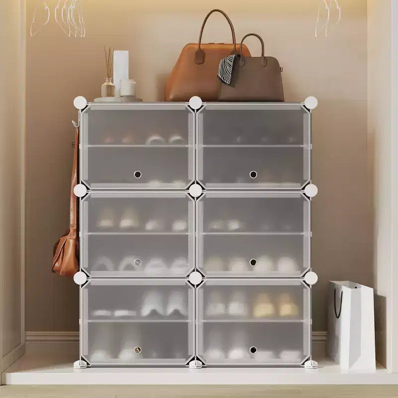 Meuble à chaussures modulaire à six compartiments avec portes - convient aux couloirs, chambres ou salons, peu encombrant et facile à assembler.