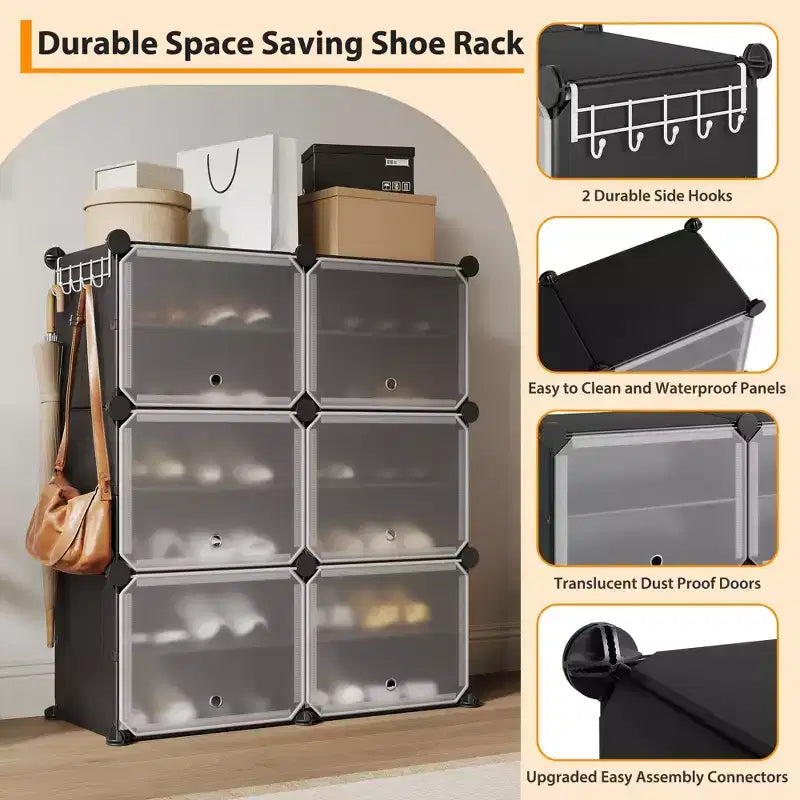 Meuble à chaussures modulaire à six compartiments avec portes - convient aux couloirs, chambres ou salons, peu encombrant et facile à assembler.