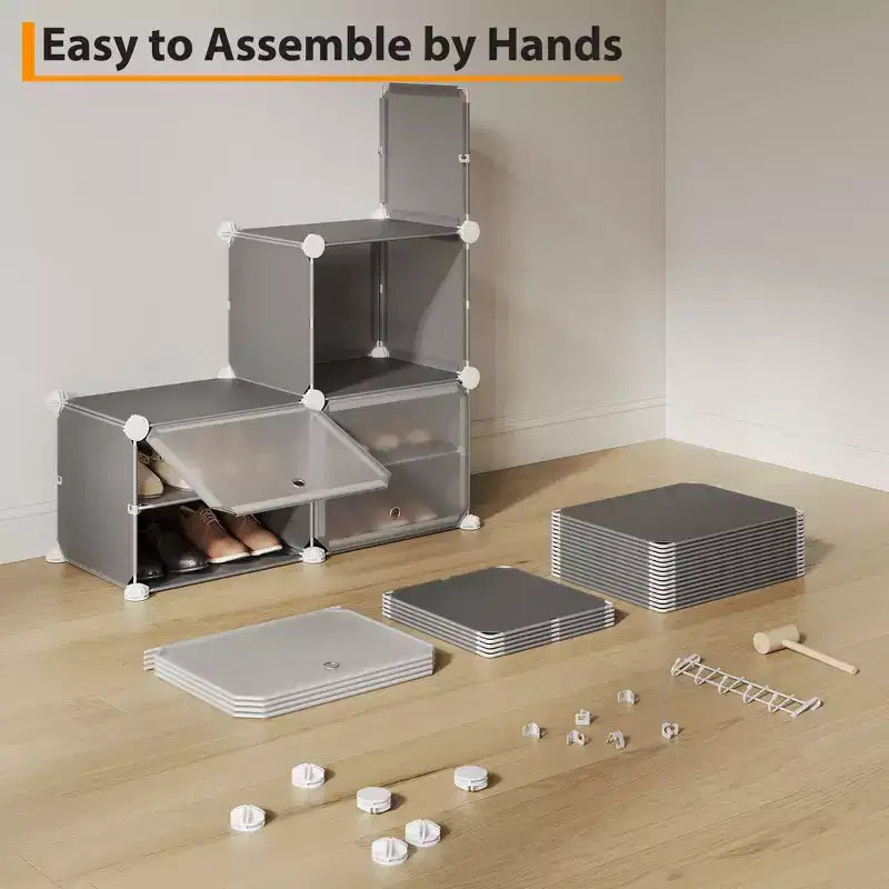 Meuble à chaussures modulaire à six compartiments avec portes - convient aux couloirs, chambres ou salons, peu encombrant et facile à assembler.