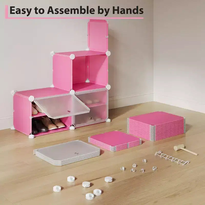 Meuble à chaussures modulaire à six compartiments avec portes - convient aux couloirs, chambres ou salons, peu encombrant et facile à assembler.