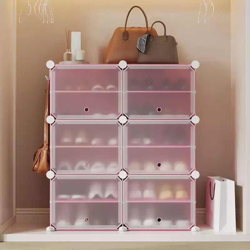 Meuble à chaussures modulaire à six compartiments avec portes - convient aux couloirs, chambres ou salons, peu encombrant et facile à assembler.