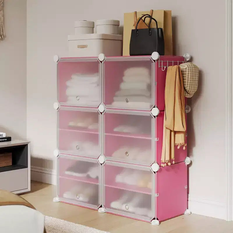 Meuble à chaussures modulaire à six compartiments avec portes - convient aux couloirs, chambres ou salons, peu encombrant et facile à assembler.